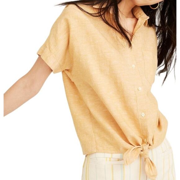 Madewell Short Sleeve Tie Front Linen Button Down Top Pocket Cropped Yellow XXS - Picture 1 of 6
